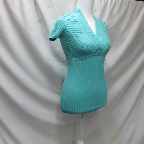 Women's Short Sleeve Mint Green Cross Wrap Ribbed Top - Picture 3 of 6